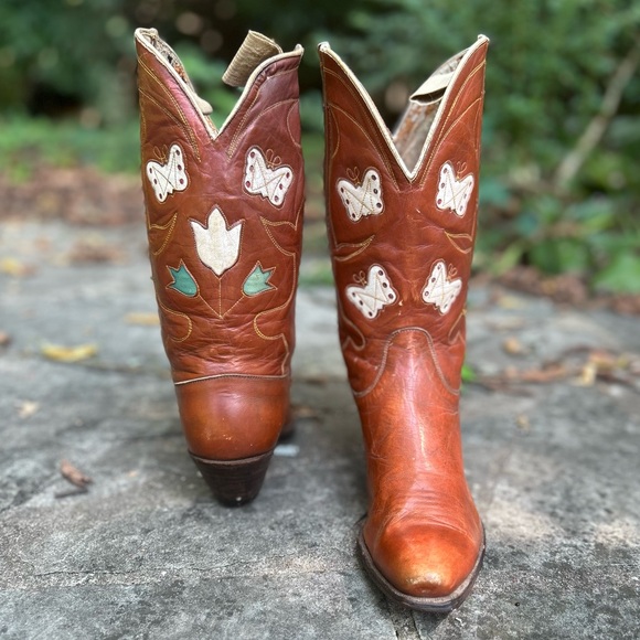 1940’s Cowboy Western Boots Butterfly and Floral Inlays Women’s 7 B - Picture 1 of 6